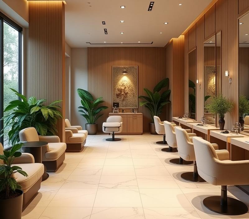 Elegantly designed salon interior with comfortable seating, mirrors, and greenery.