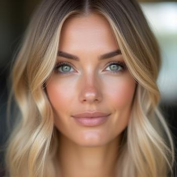 Blonde balayage result on client in studio lighting