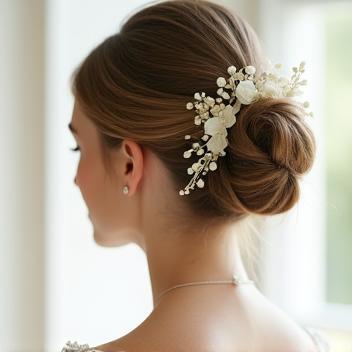 Classic bridal updo hairstyle with floral embellishments