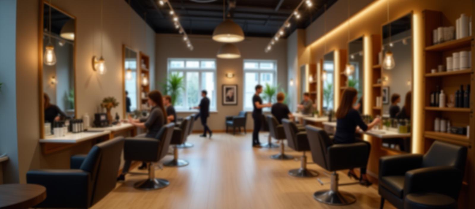 Modern, bustling London Luxe Hair Studio interior with stylist working with a client